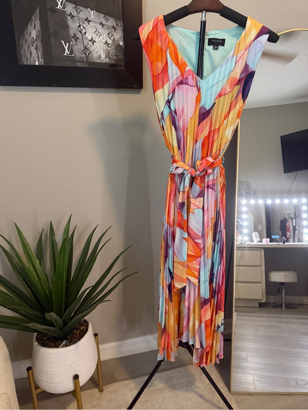 Tahari Multicolor Pleated V-Neck Belted Maxi Dress